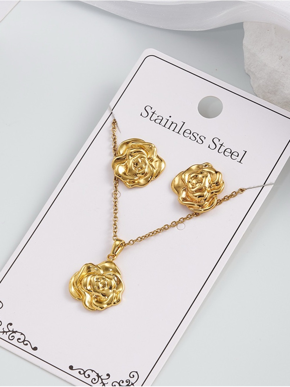 Gold Rose Pendant Necklace and Stud Earring Set - Stainless Steel